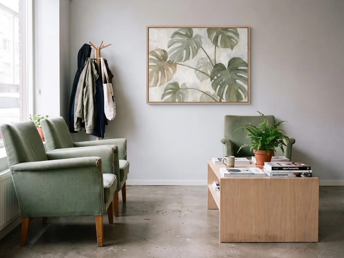 A bright waiting room with green chairs and a calm painting of large leaves on the wall