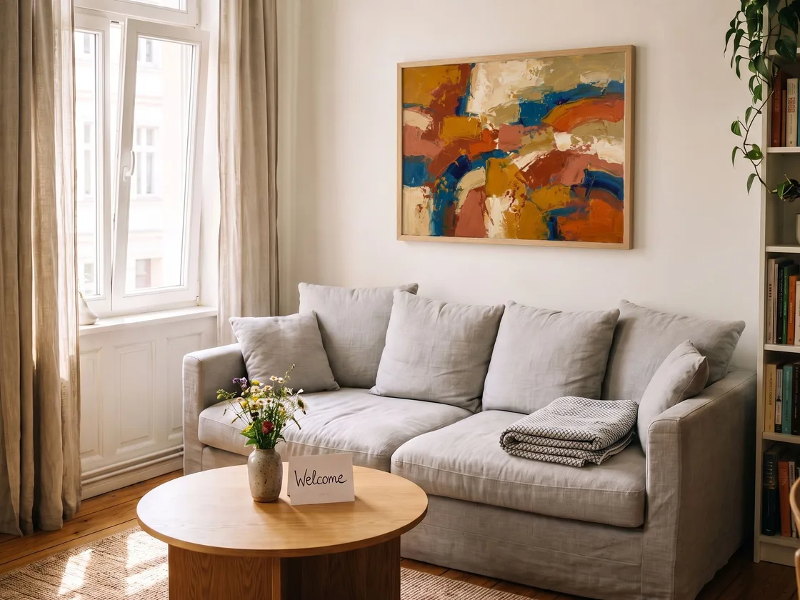 A rental flat's living room ready for guests, with a bold abstract painting above the sofa